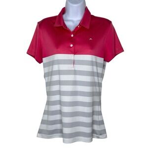 J Lindeberg Womens Caroline Performance Polo Shirt Golf LARGE Pink Gray Stripe